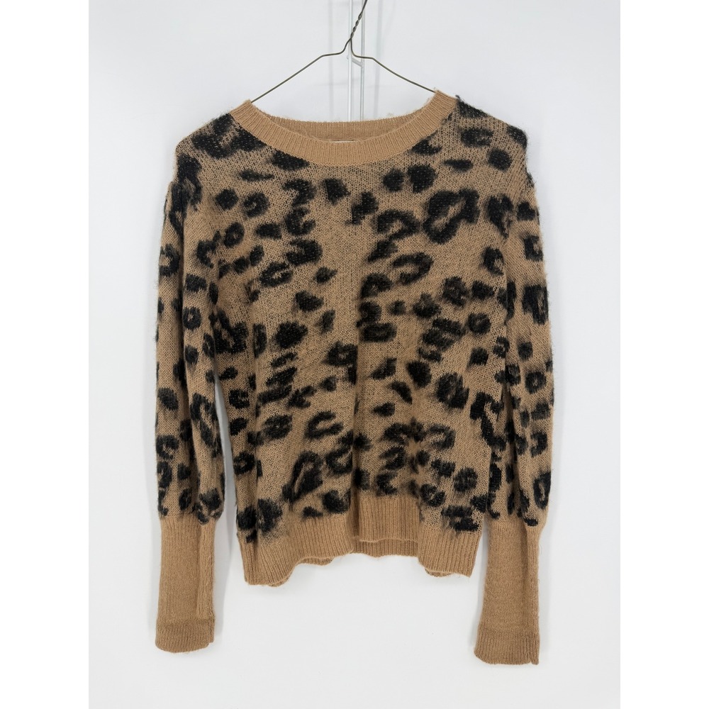 DO+BE Leopard Print Sweater Womens Small Tan Black Fuzzy Puff Sleeve Y2K Retro